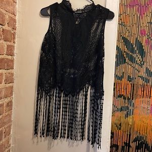 Small black lace fringe turtleneck blouse